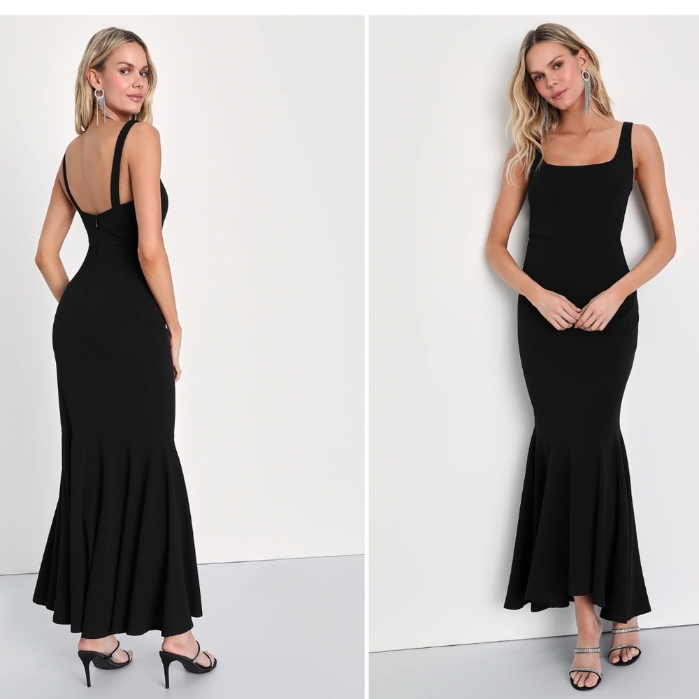 Lulus Romantic Destiny Black Square Neck Trumpet Maxi Dress size M